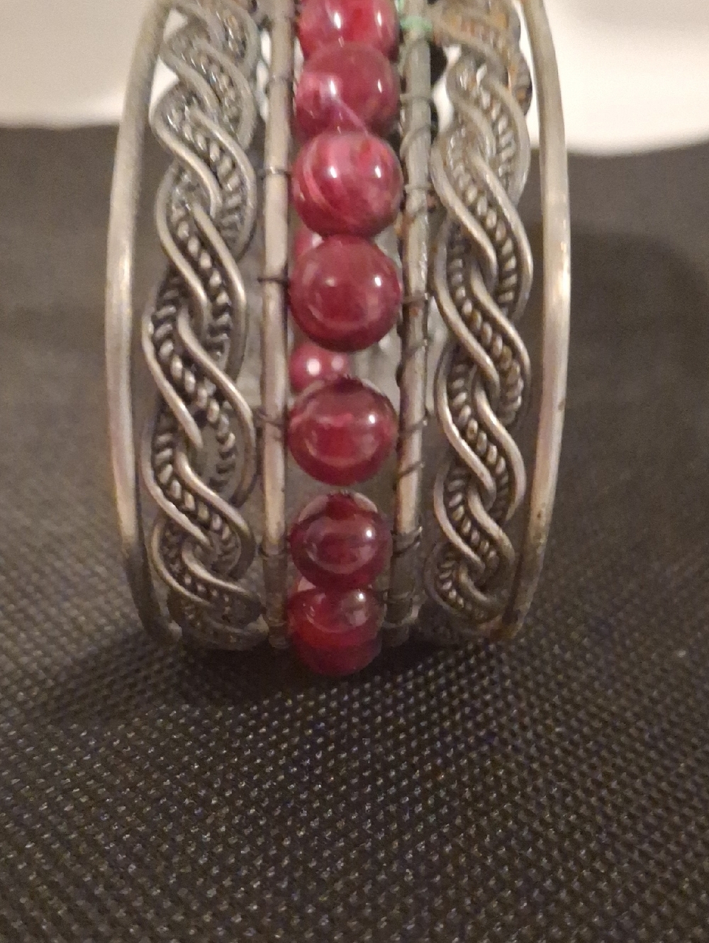 Handcrafted Silver-Tone Bracelet with Red Bead Accents